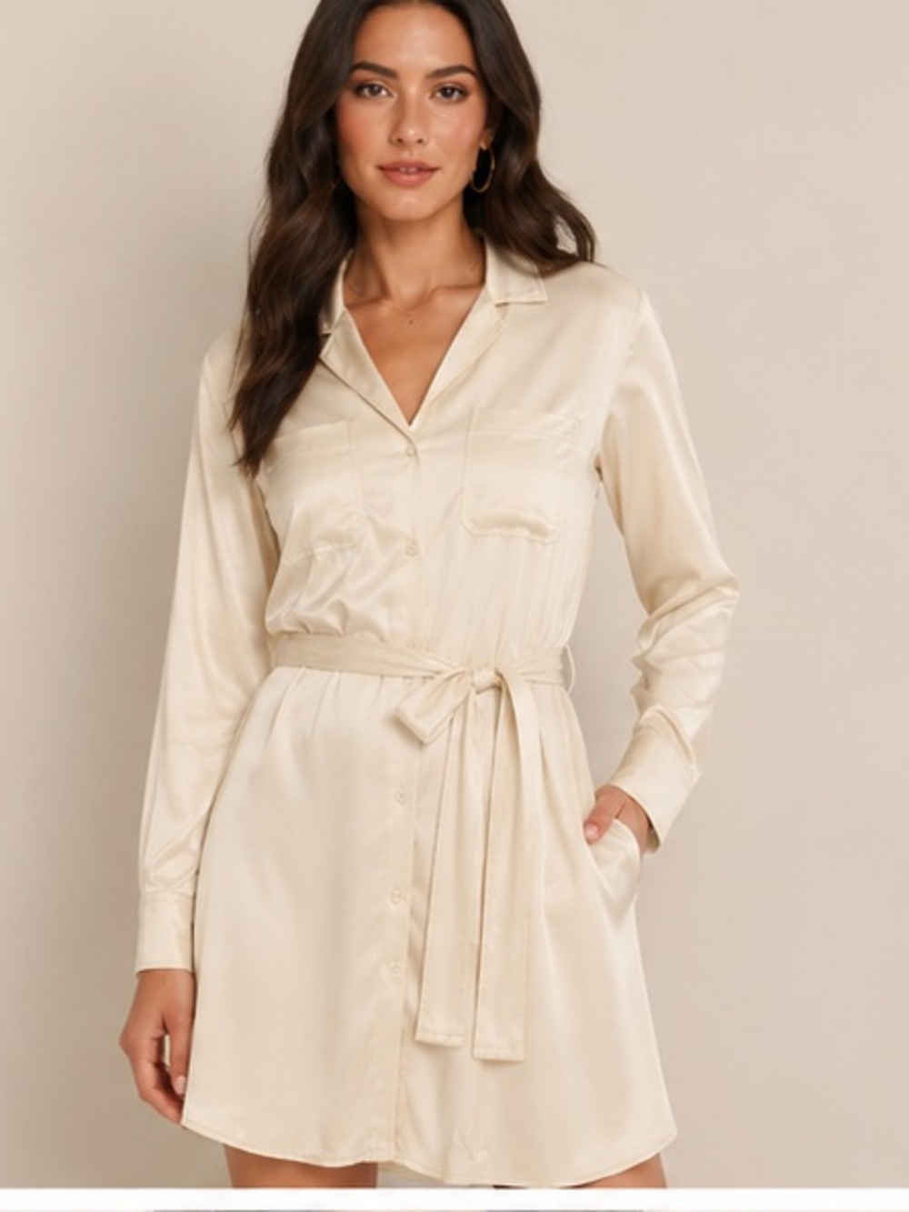 Banana Republic Cream Satin quarter collar  dress with Belt